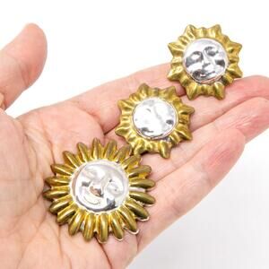 Vintage Mexican Sun Face Set: Sterling 925 Silver Brooch and Clip-On Earrings